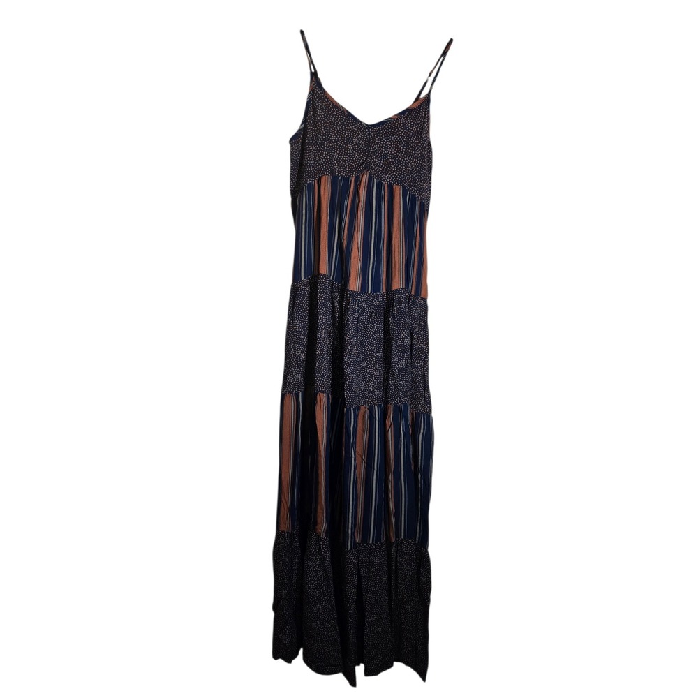 Spirit of Grace Women Mixed Print Tiered Maxi Dress Navy Rust PolkaDot Stripe XS